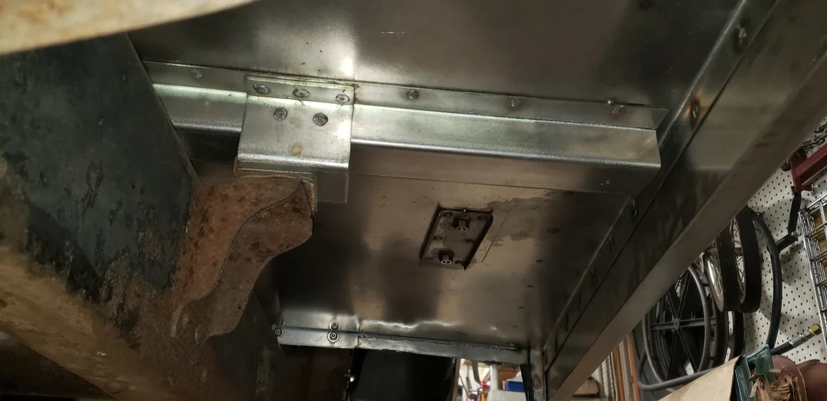 FJ40 Stainless floor and rocker, view from beneath with all stainless floor mounts