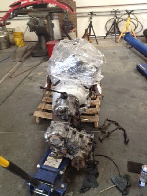 FJ55 new motor bolted to trans.webp