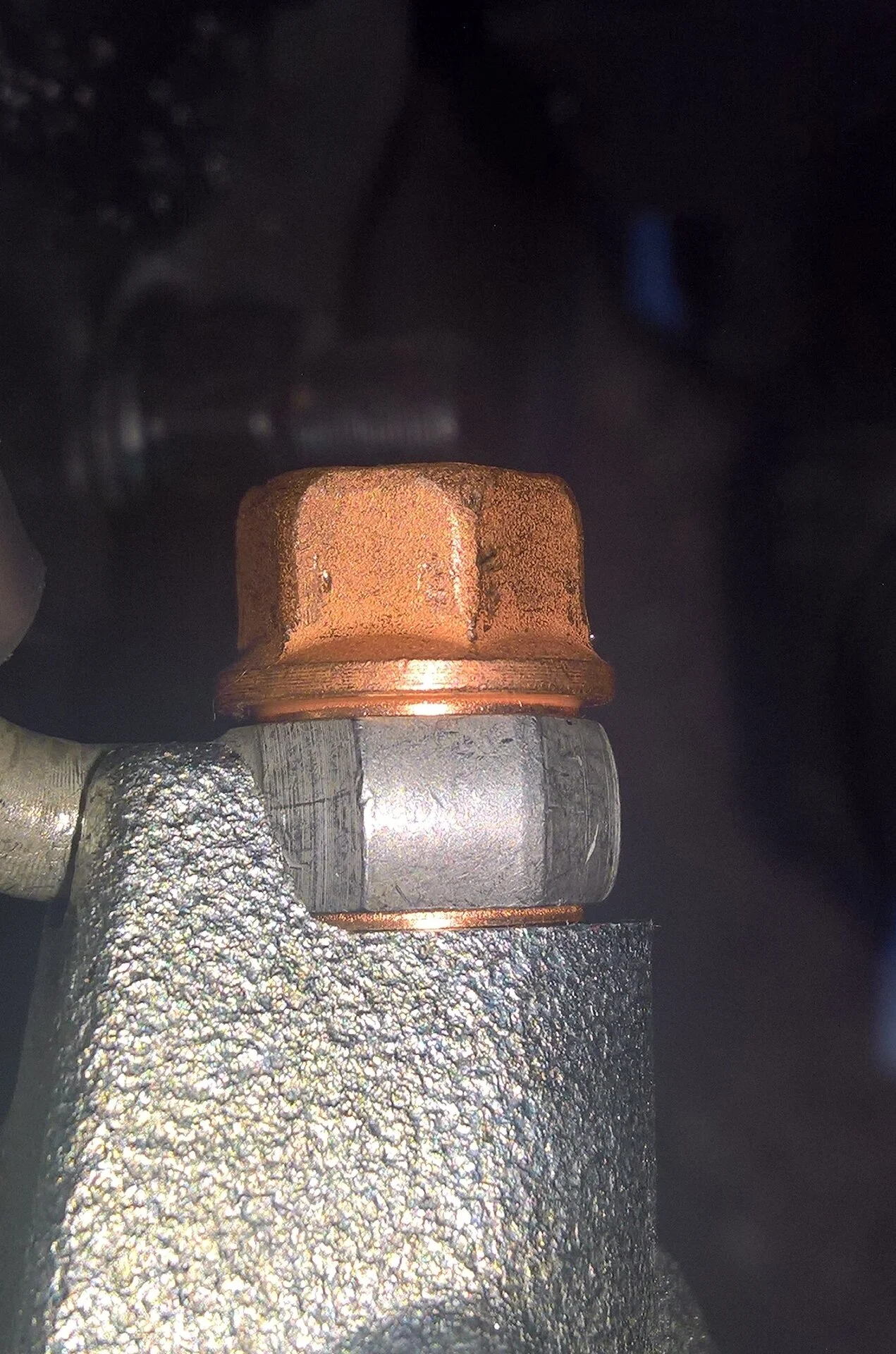 FZJ80 rear brake caliper banjo bolt installed.webp