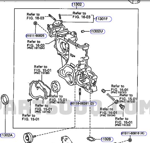 Timing chain cover parts diagram with Thermostat housing studs.JPG