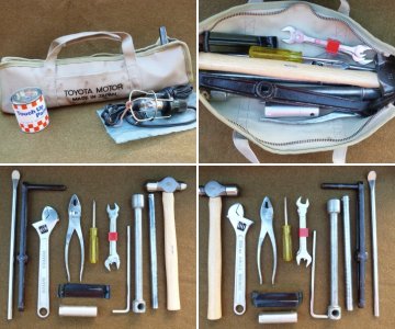 Toyota Motor Tool Bag and Toyota vintage tools, brown jack handle