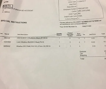 Grainger invoice PNs for hitch mount bolts