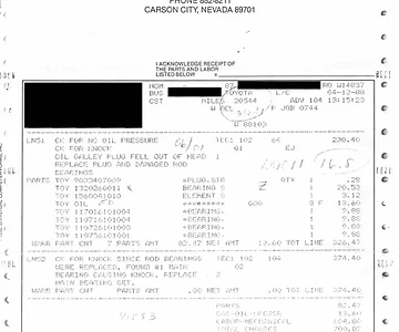 1988 Invoice for Oil Galley Replacement