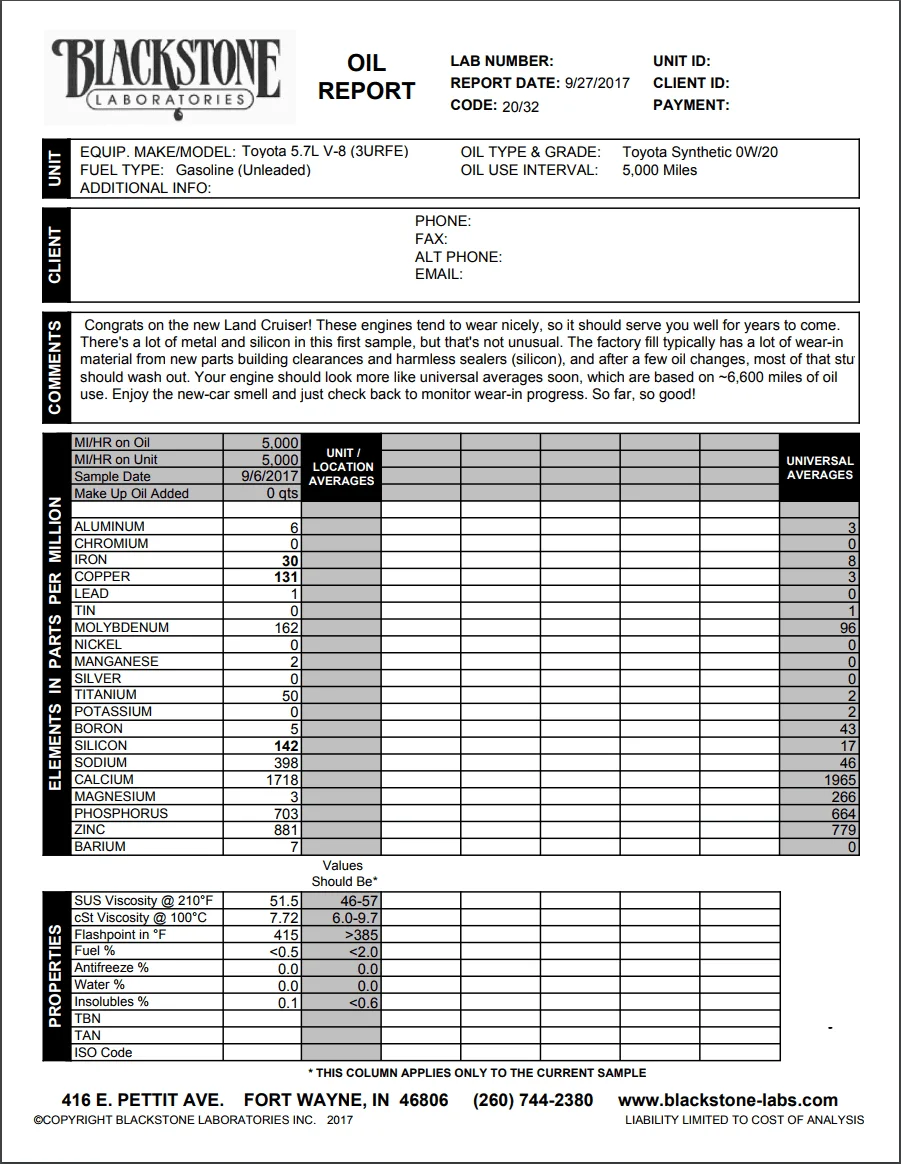 5,000 Mi Oil Analysis