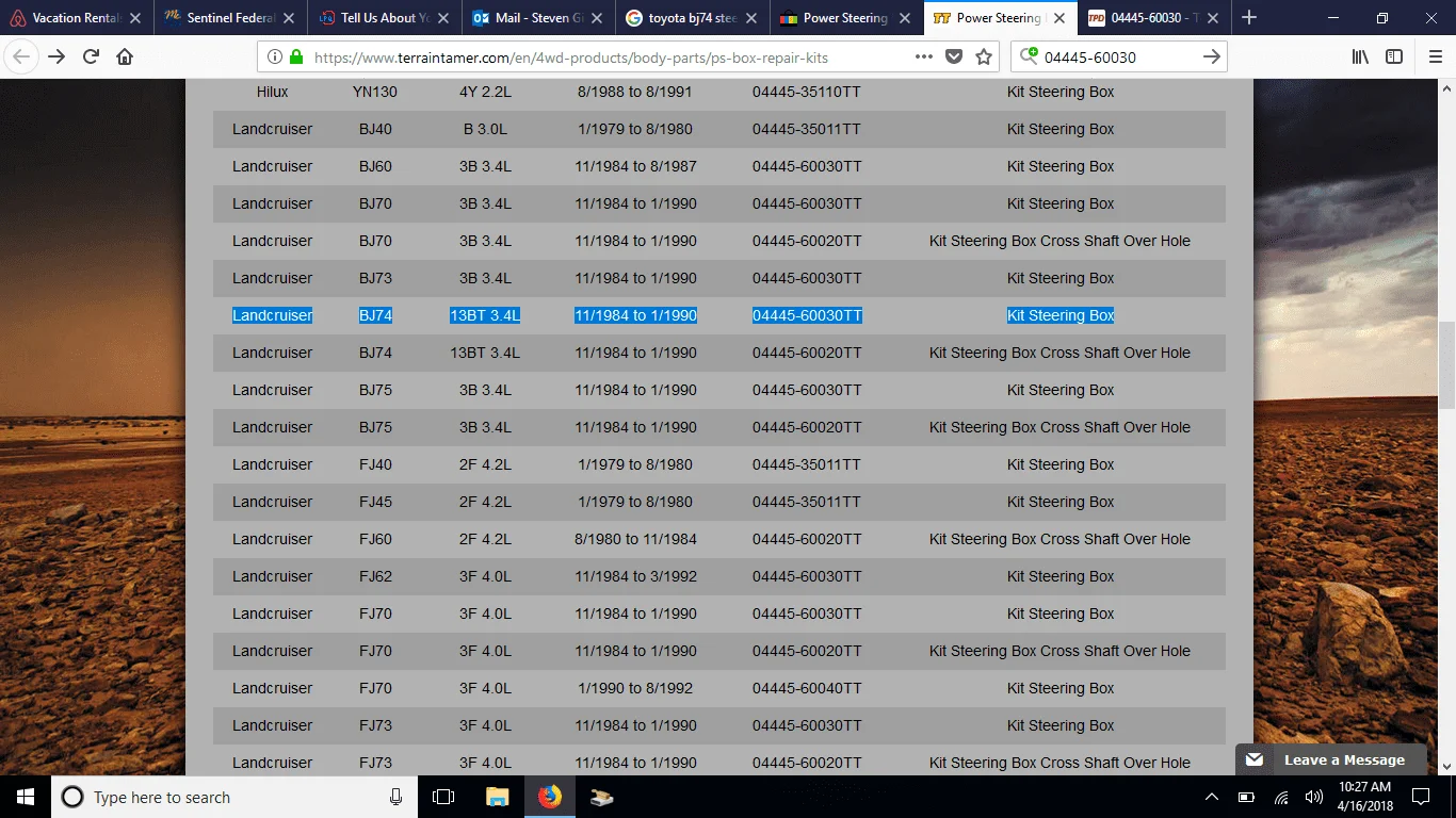 BJ74 Steering Box Rebuild Kit