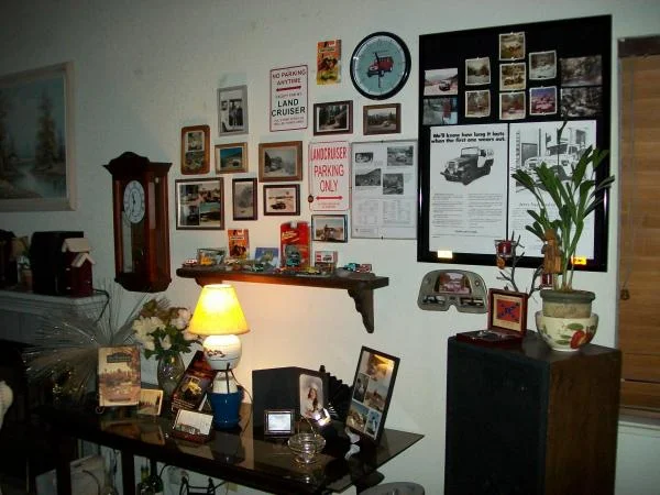 MY LITTLE SHRINE...A LITTLE SAMPLE OF ALL MY PICTURES. CHECK OUT THE LOWER RIGHT CORNER, THAT'S MY OLD CLUSTER COVER TURNED INTO A PICTURE FRAME...IT IS MY GIRLFRIENDS IDEA.