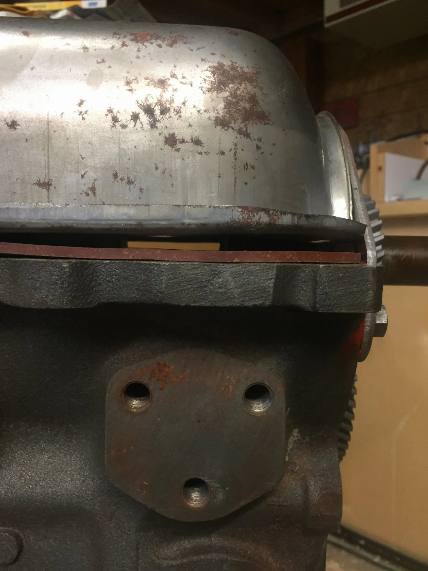 Oil pan sitting on block