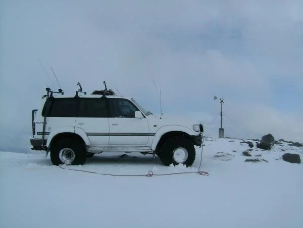 Putting air in tires after driving on glacier