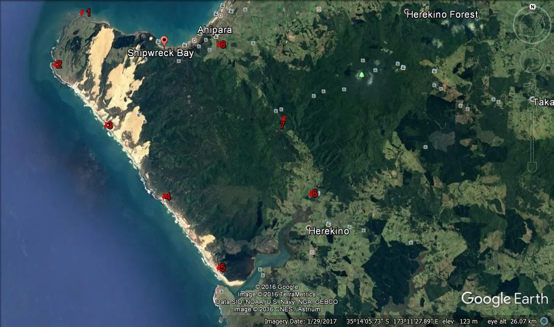 shipwreck bay to Herekino Harbour by the numbers