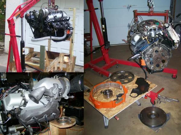 Summer 2010 >> Waiting for summer to return, the engine was broken in on a makeshift stand built to mimic the FJ80's engine frame. The composite images show the custom exhaust crossover for the turbocharger I fabricated, as well as Marks 4x4 adapter to ma