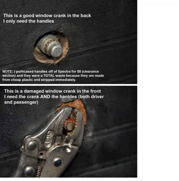 Window Cranks
The cranks in the back seem fine (c.f., image). I only need the handles.
The cranks in the front (both passenger and driver side) are totally stripped. I need both the cranks and the handles. 
Note: I purchased new handles from Spector Of